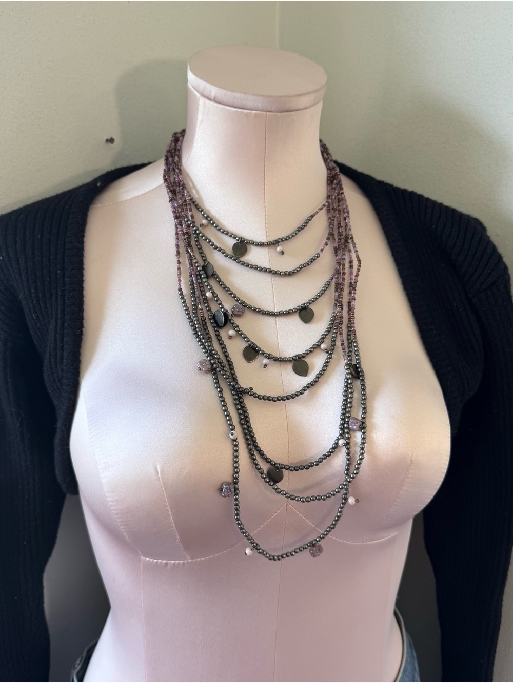 Hematite and Mauve Multi-Strand Layered Necklace